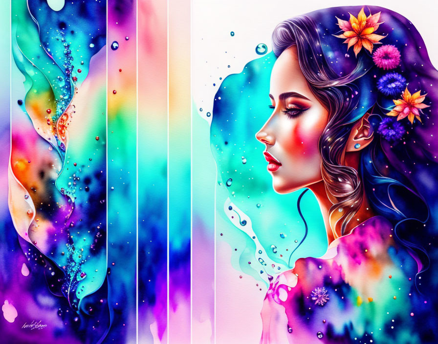 Colorful digital artwork of woman with flowing hair and cosmic elements