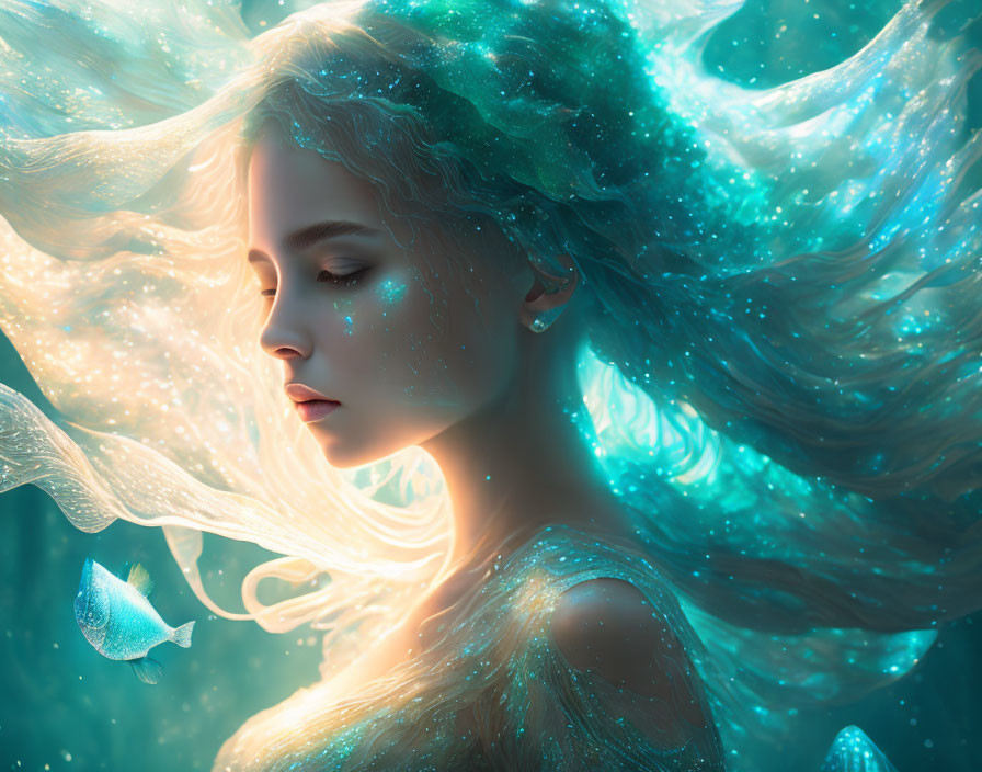 Woman with Sparkling Turquoise Hair in Underwater Scene