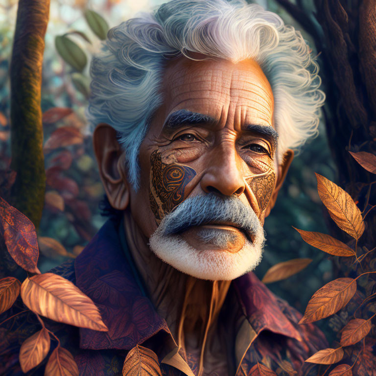 Elderly man with grey hair and facial tattoos among autumn leaves