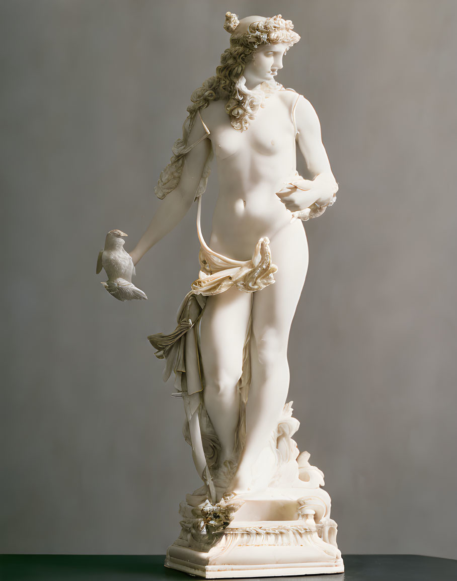 White Marble Statue of Standing Female Figure with Dove on Hand