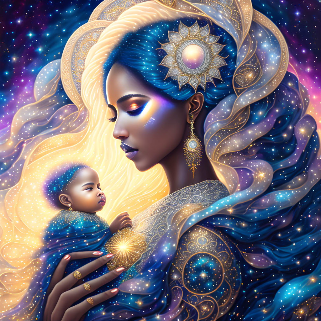 Celestial mother cradling starry infant in cosmic scene