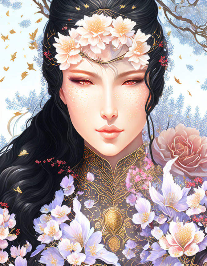 Illustrated female figure with black hair and pink flowers in snowy scene with butterflies and blossoms