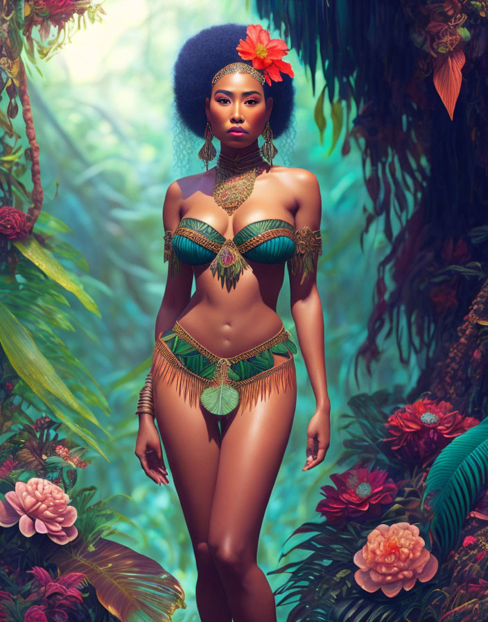 Woman in ornate bikini surrounded by lush foliage and flower in hair exudes confidence and grace