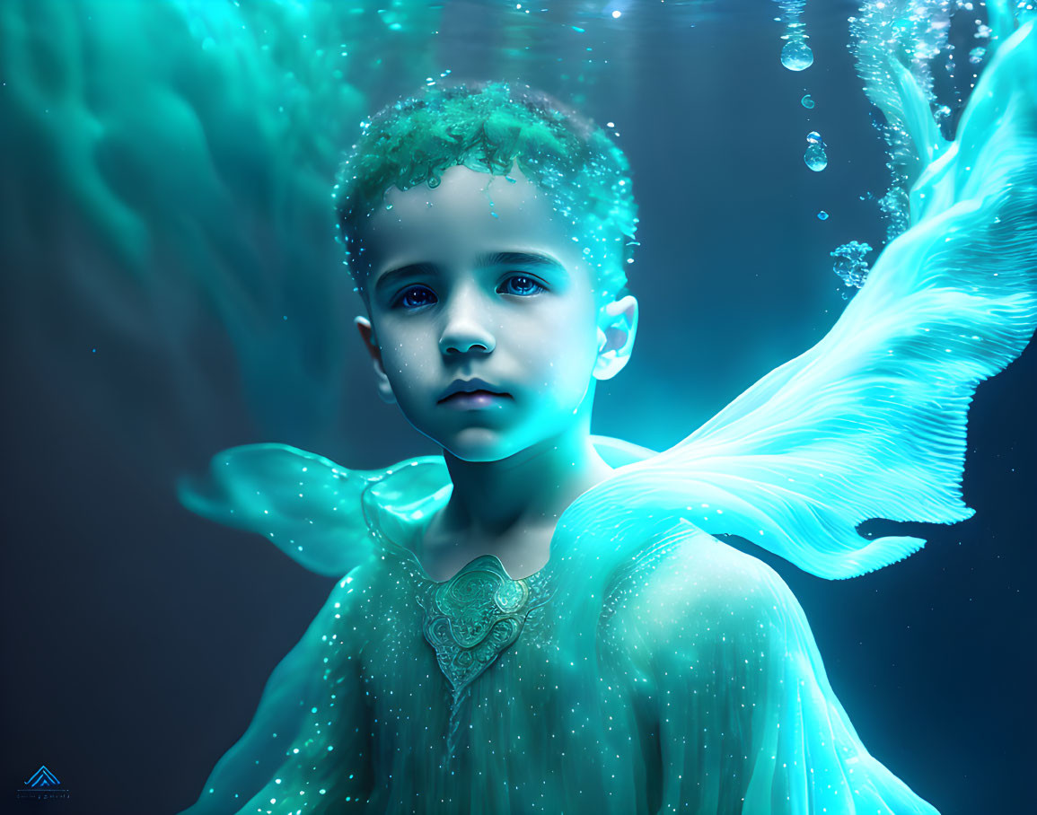 Child with gossamer wings and green hair underwater with bubbles and soft lighting.