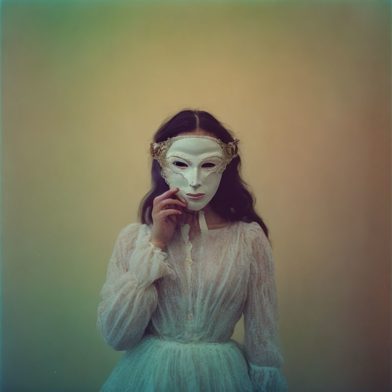 Vintage dress wearer in white half-face mask against multicolored backdrop