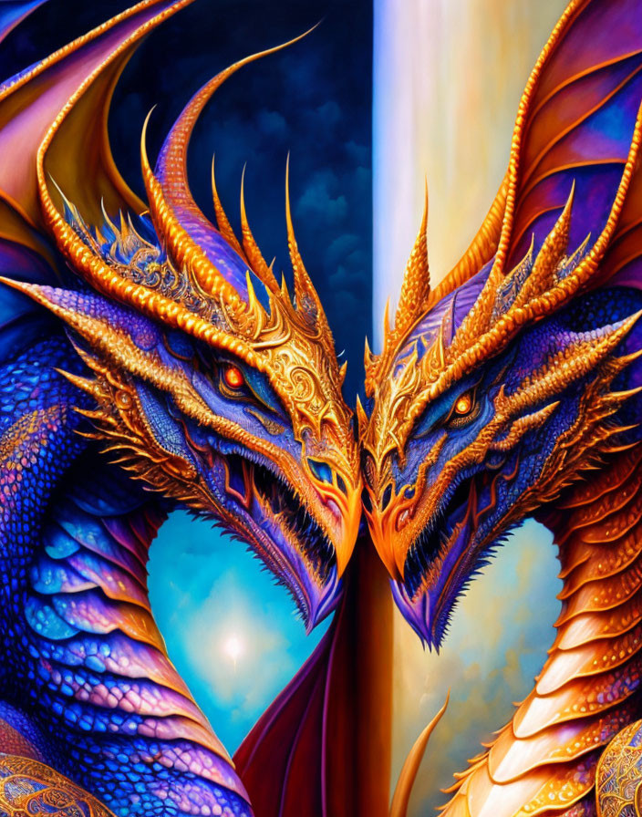 Vibrant blue and orange dragons in cosmic setting