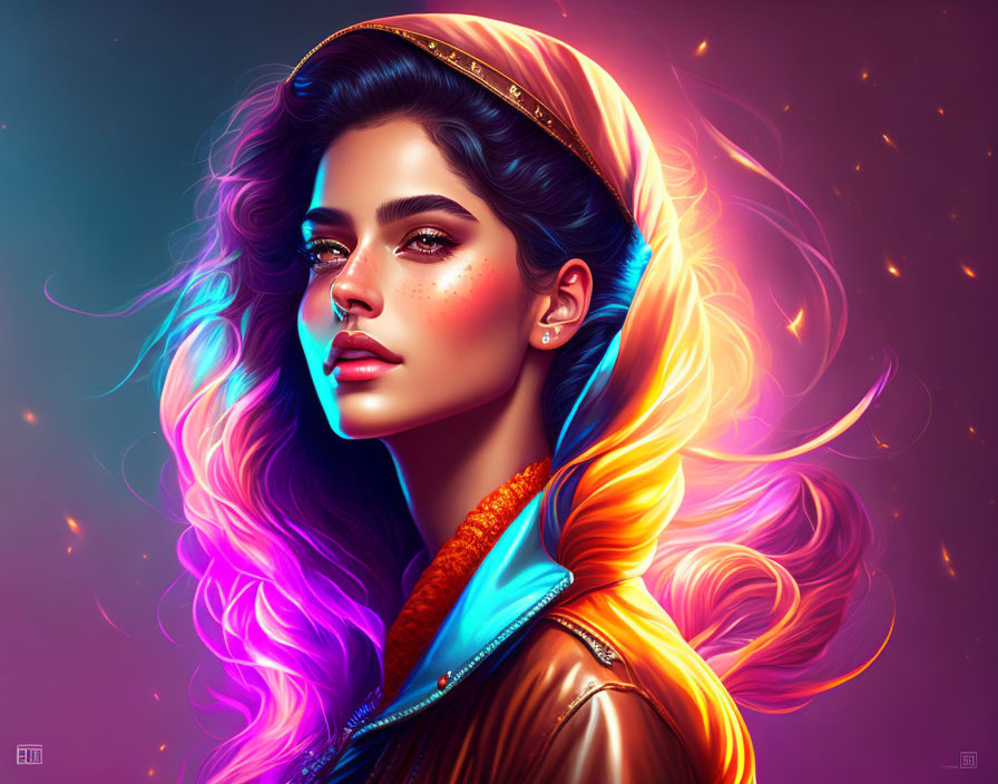 Colorful digital portrait of a woman with flowing hair and striking gaze in leather jacket.