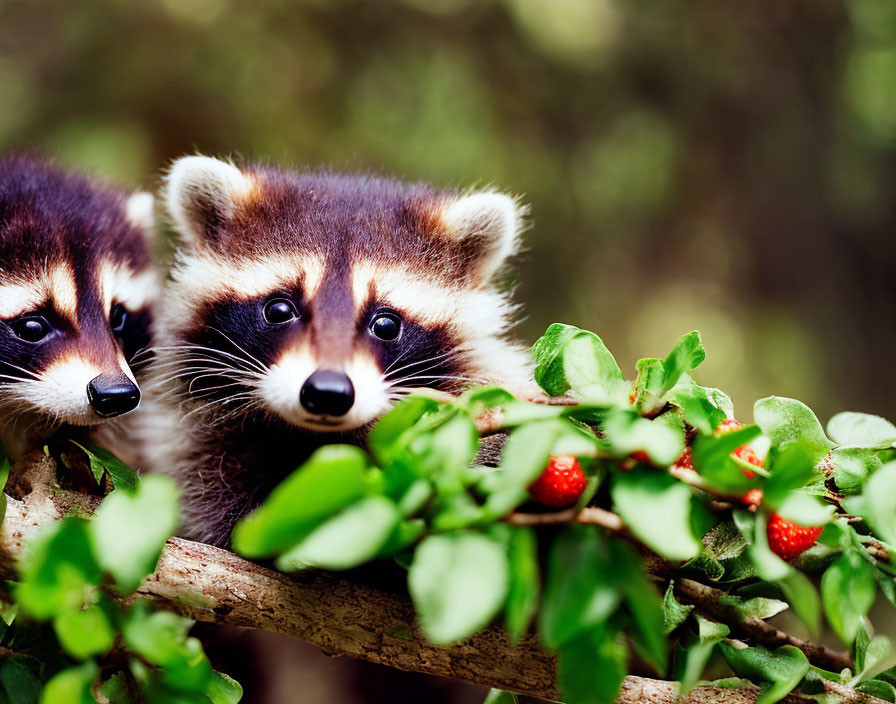 Raccoons peeking through green foliage with red berries in natural setting