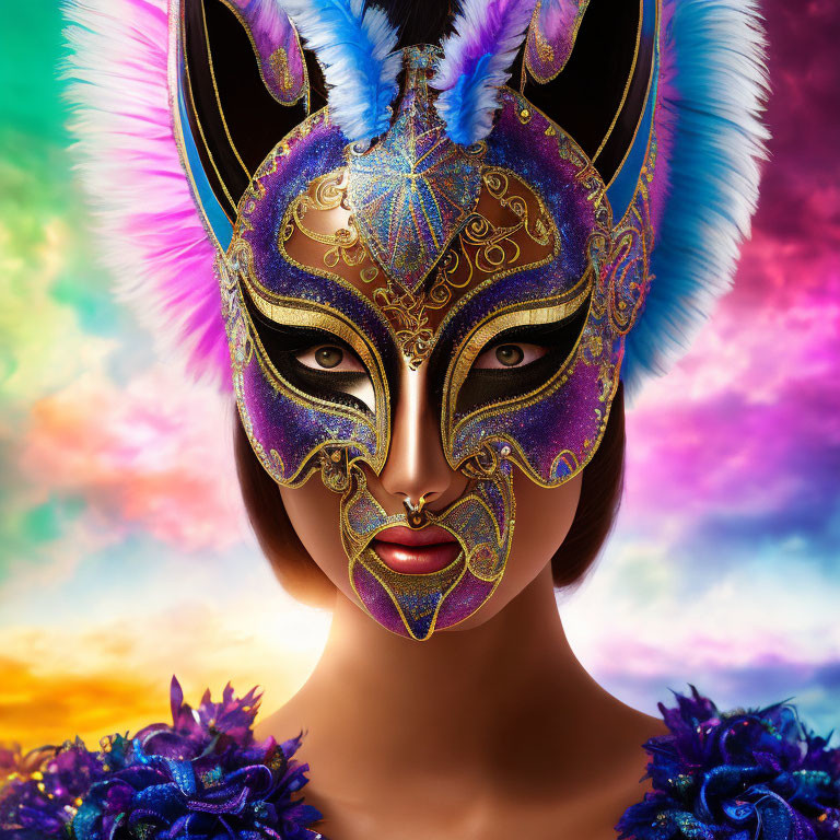 Intricate purple and gold masquerade mask with feathers and patterns on colorful sky.