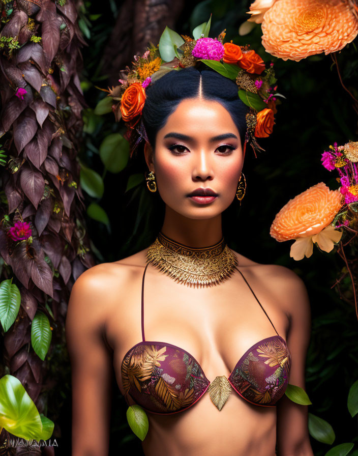 Woman with Floral Crown and Gold Jewelry in Nature Setting