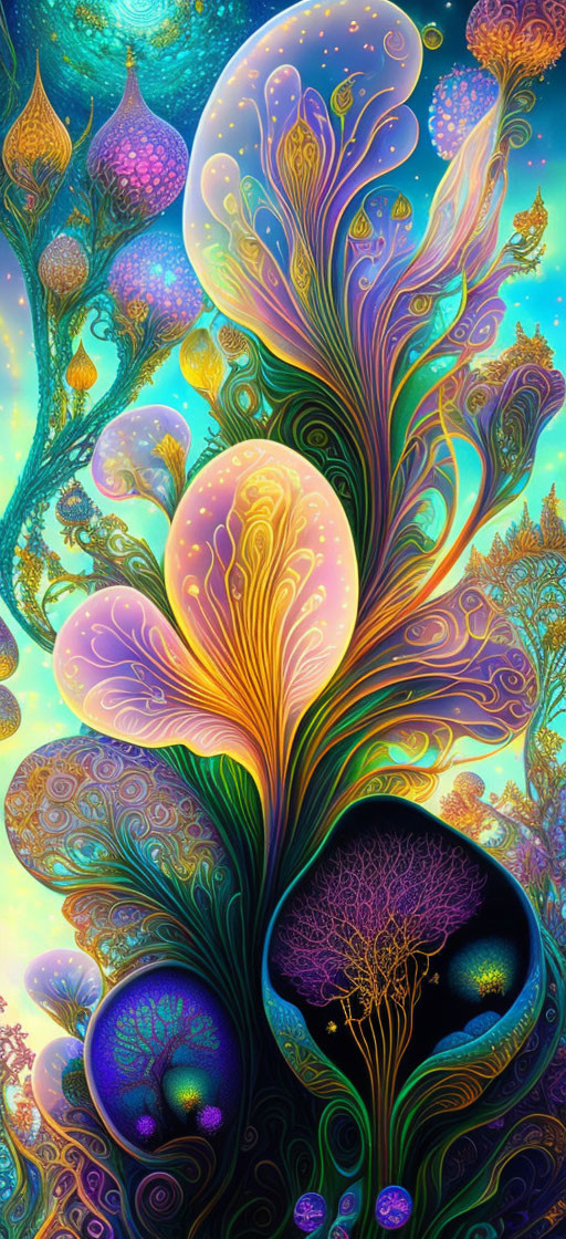 Colorful digital painting of whimsical plant-like forms with intricate patterns and luminescent colors on a