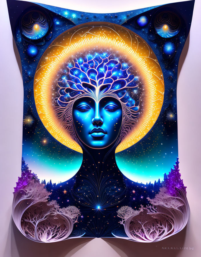 Surreal blue human figure with glowing halo and brain-shaped tree canopy