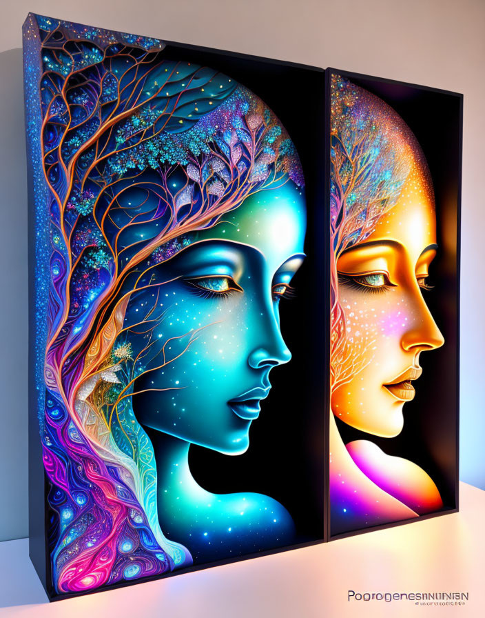 Psychedelic Art Panels: Female Faces, Tree Branch Motifs, Neon Colors