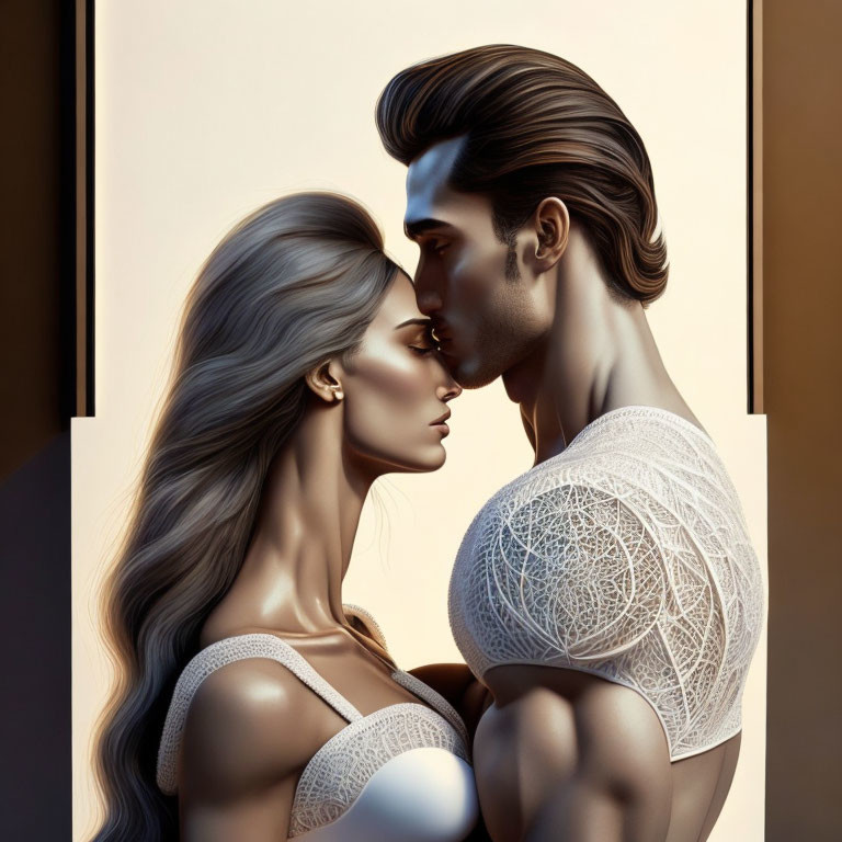 Digital Artwork: Romantic Couple with Intricate Lace Tattooed Back