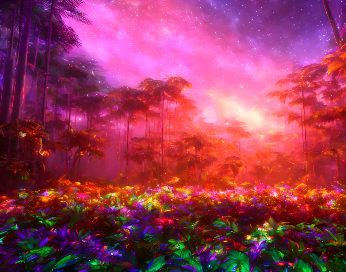 Fantasy jungle scene with neon foliage under pink and purple starry sky