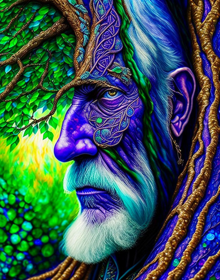 Colorful Artwork: Bearded Figure with Blue Skin and Nature Elements