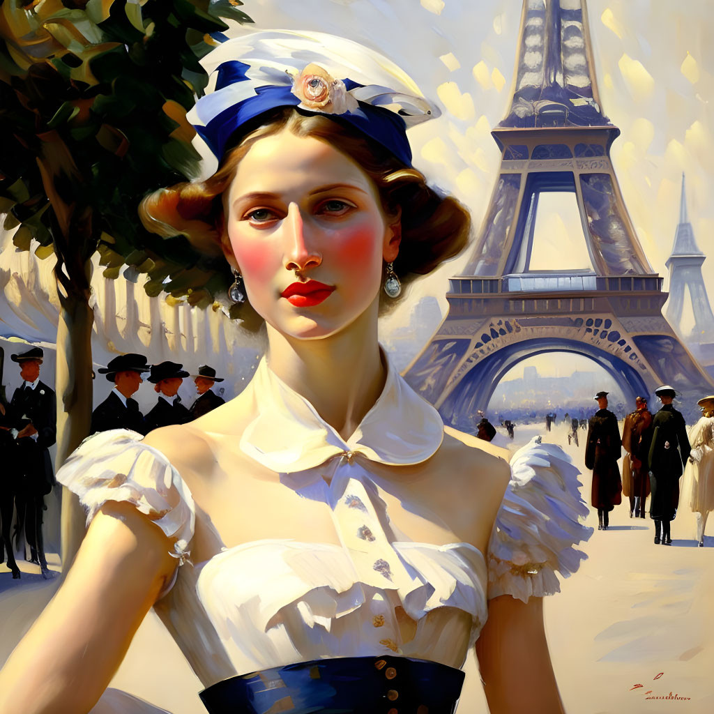 Vintage woman in dress and hat with Eiffel Tower and crowd - old Parisian charm.