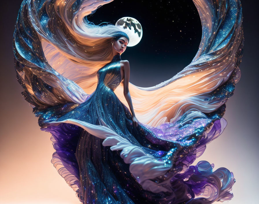 Digital artwork of woman with cosmic hair and dress in moonlit sky