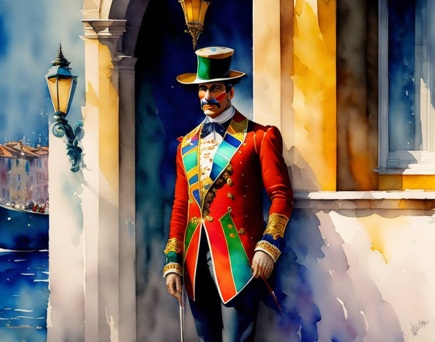 Man in Traditional Uniform with Top Hat and Cane Beside Sunlit Historical Building