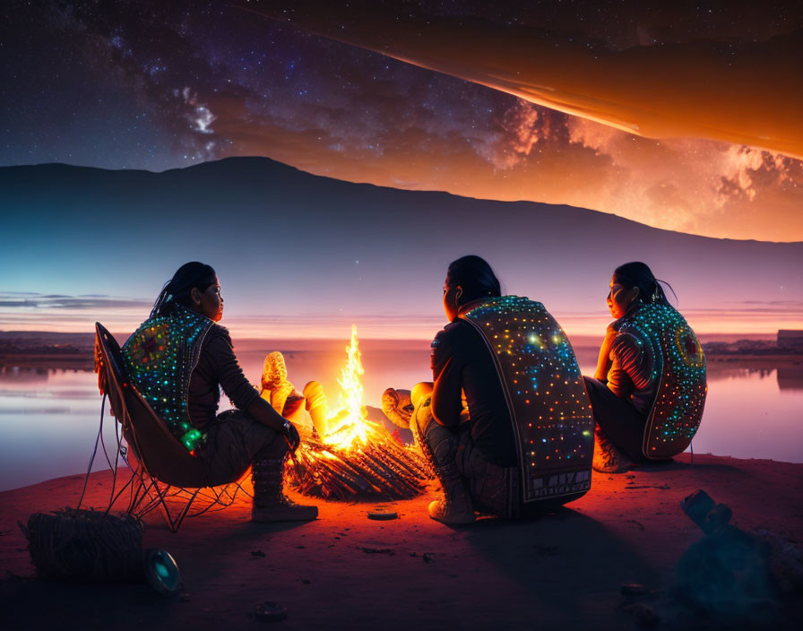 Four individuals in illuminated jackets by campfire under starry sky near calm water at twilight