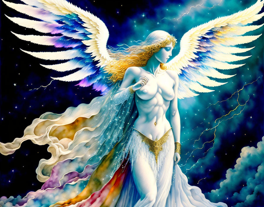 Illustration of angelic being with large wings in clouds and mystical aura