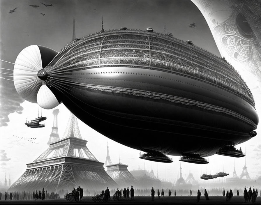 Steampunk-inspired illustration of ornate airship over cityscape