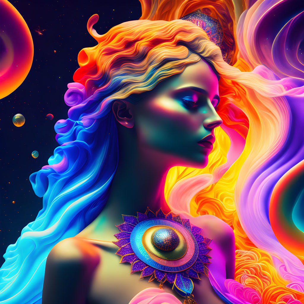 Colorful digital artwork: Woman with swirling hair and cosmic background