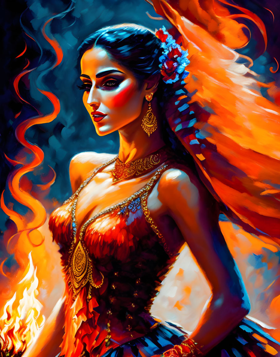 Vibrant digital artwork: Woman in red and gold dress surrounded by flames