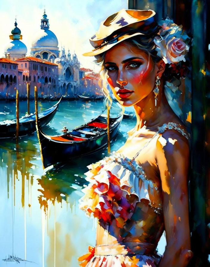 Colorful painting of woman in elegant attire near gondola and Venetian architecture