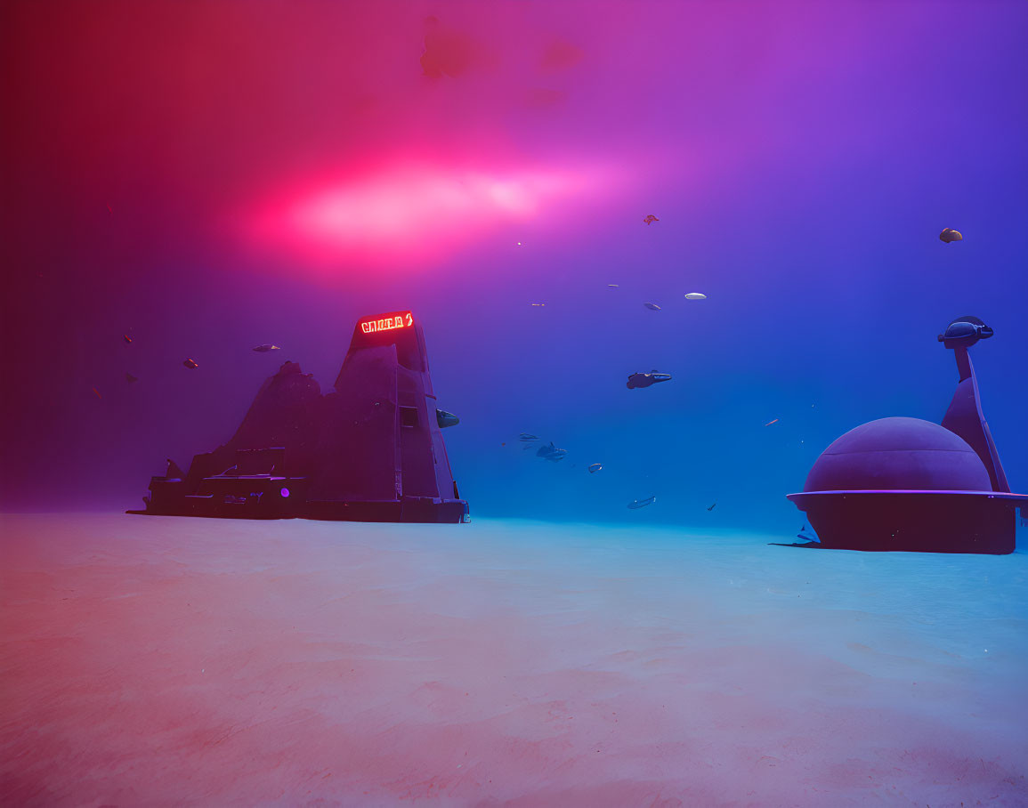 Sunken ship "Queen" in underwater scene with fish under red and purple lights