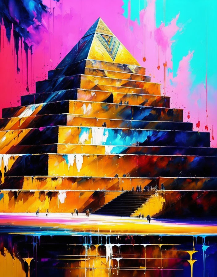 Colorful abstract painting of a pyramid with blue, pink, and yellow streaks, reflections, and