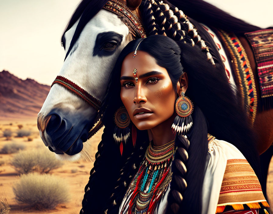 Woman in tribal jewelry poses with white horse in desert landscape