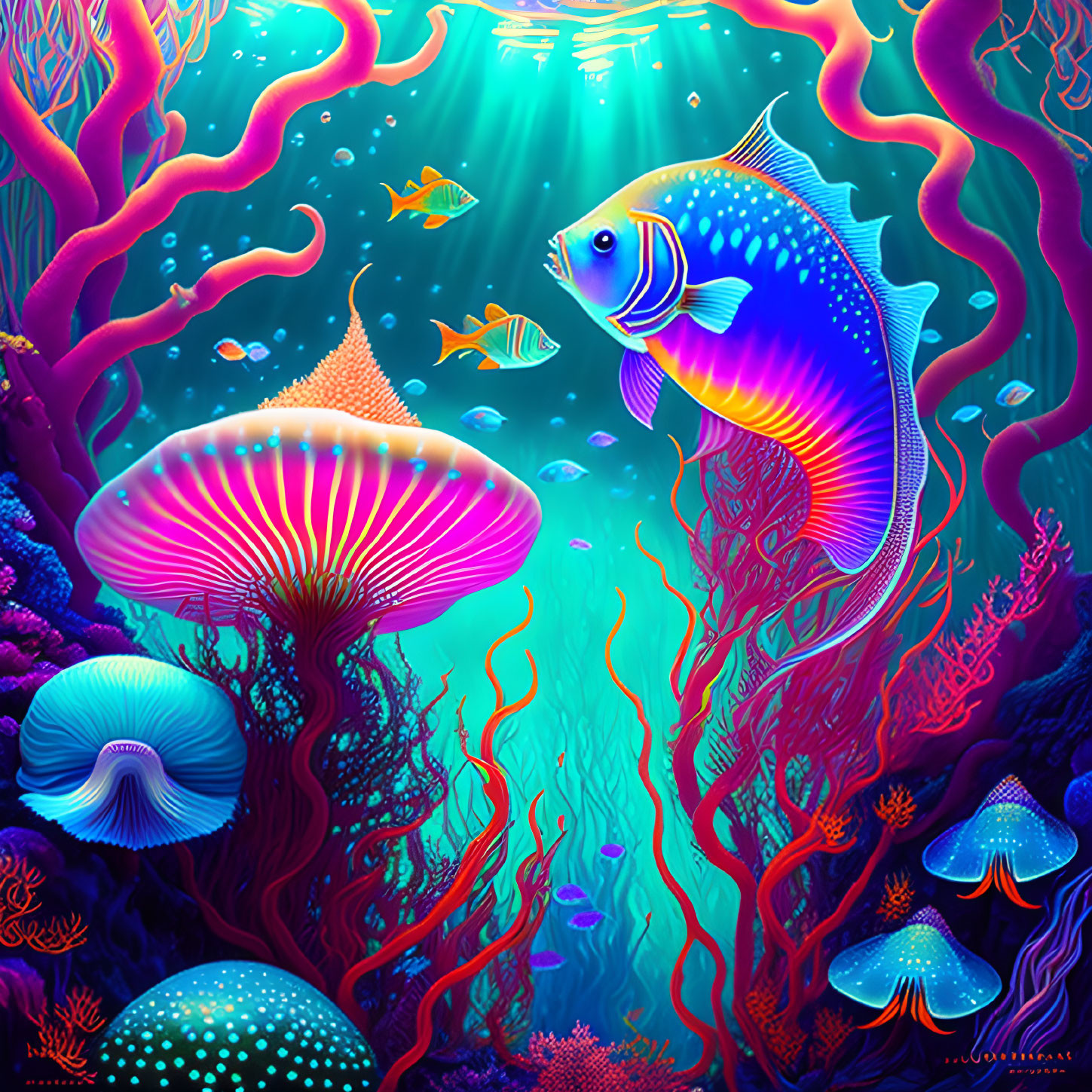 Colorful Fish, Jellyfish, Neon Coral in Glowing Underwater Scene