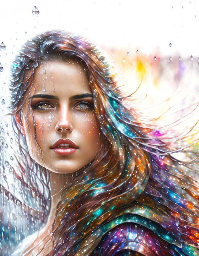 Colorful Hair Woman in Digital Art with Raindrops on Window