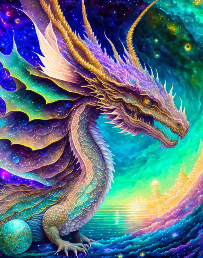 Colorful Majestic Dragon Artwork Against Cosmic Backdrop