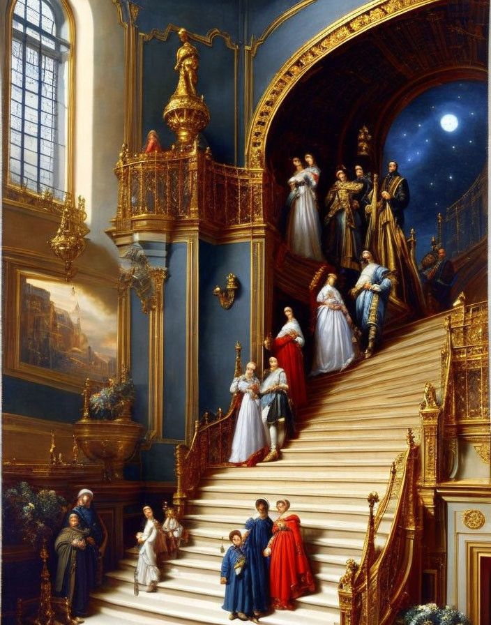 Baroque-inspired staircase with people in period attire under starry night sky