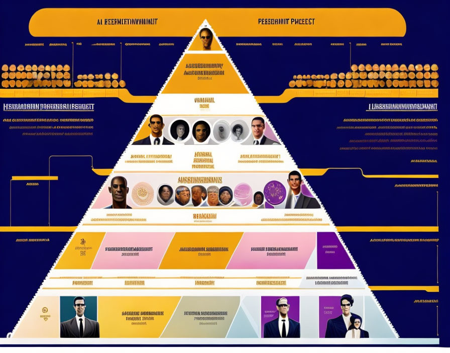 Hierarchical Structure Infographic with Icons, People Images, and Text Annotations