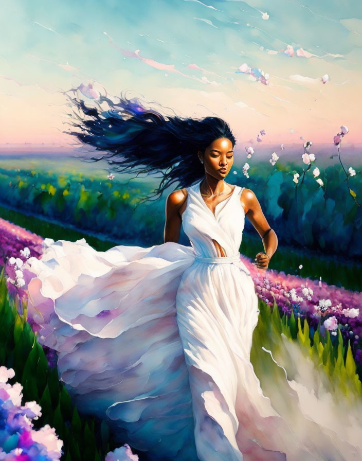 Woman in flowing white dress running through vibrant flower field