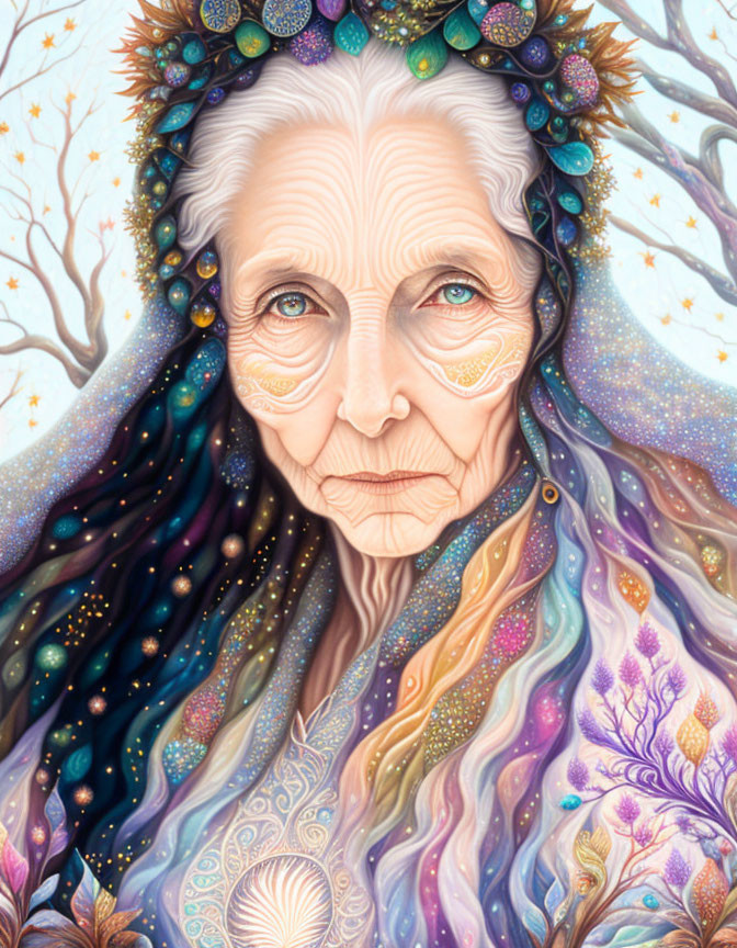 Elder woman with cosmic garment and branch crown in serene setting