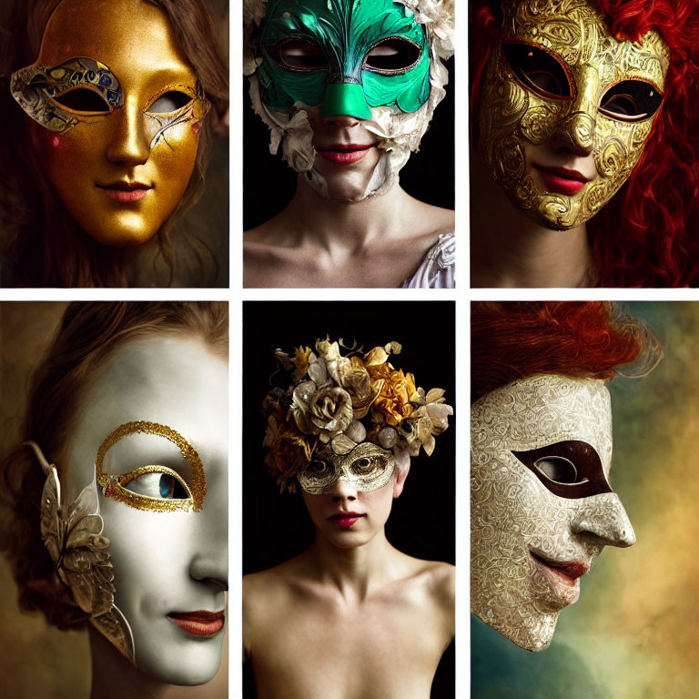 Six ornate masquerade masks in colorful designs with elegant feathers and patterns