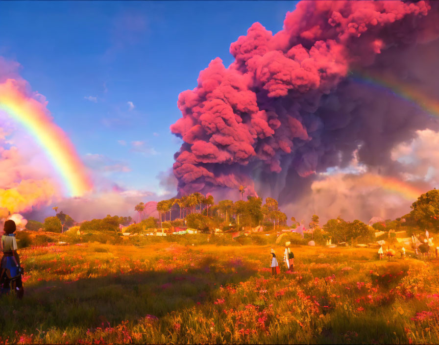 Volcanic eruption with rainbow sky and flower landscape at sunset