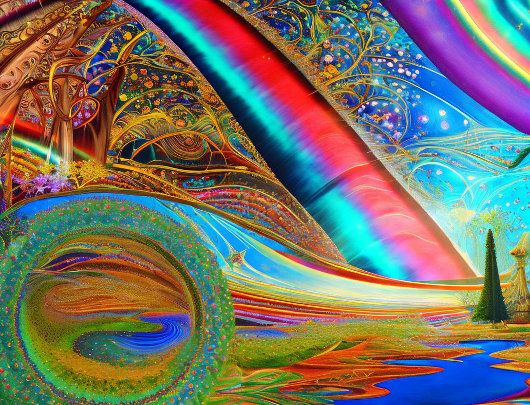 Colorful Psychedelic Digital Artwork with Swirling Patterns and Fractal Designs