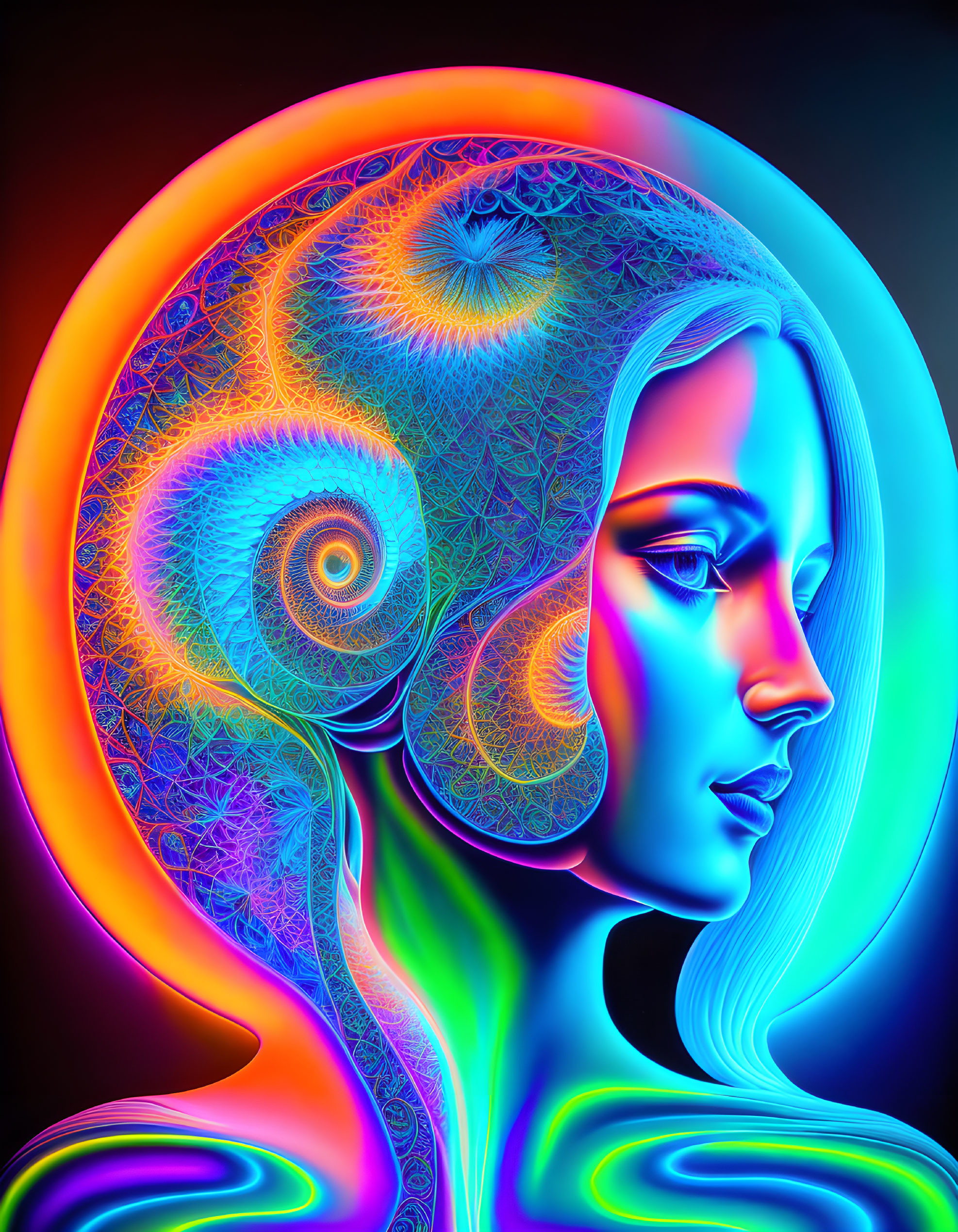 Colorful digital artwork showcasing woman's profile with neon patterns.