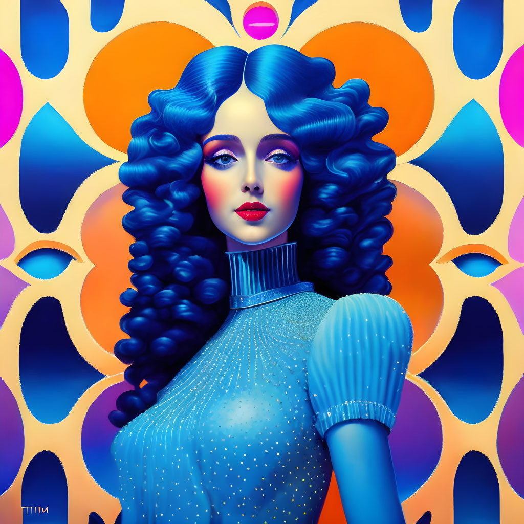 Vibrant digital portrait of woman with blue hair and dress