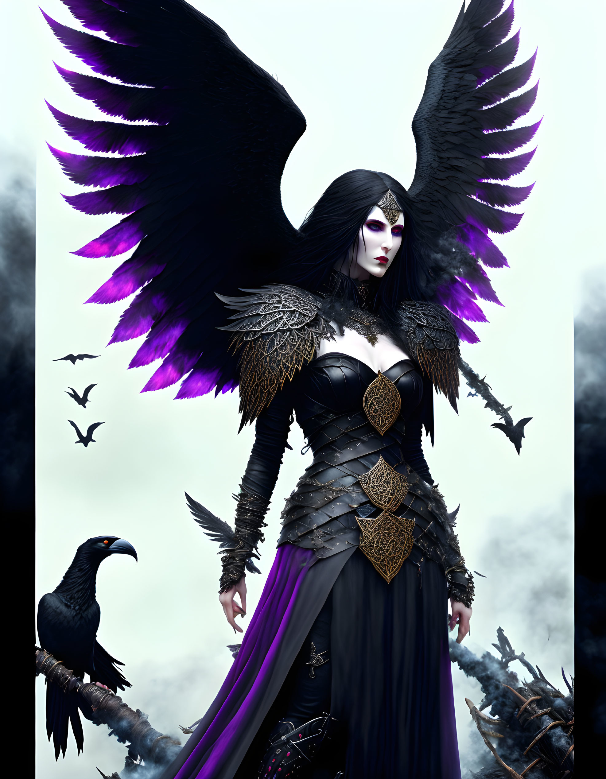 Gothic woman with black wings, corset, and raven in misty setting