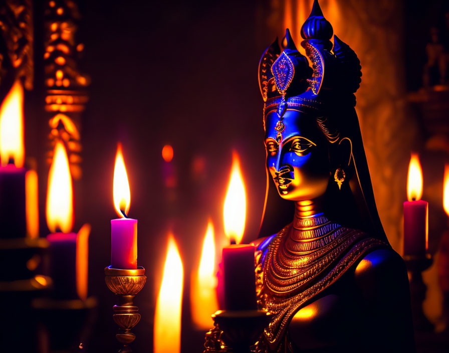 Blue Hindu deity statue with intricate jewelry and candles creating serene ambiance