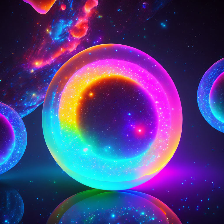 Colorful glowing spheres on starry cosmic background: surreal space dreamscape