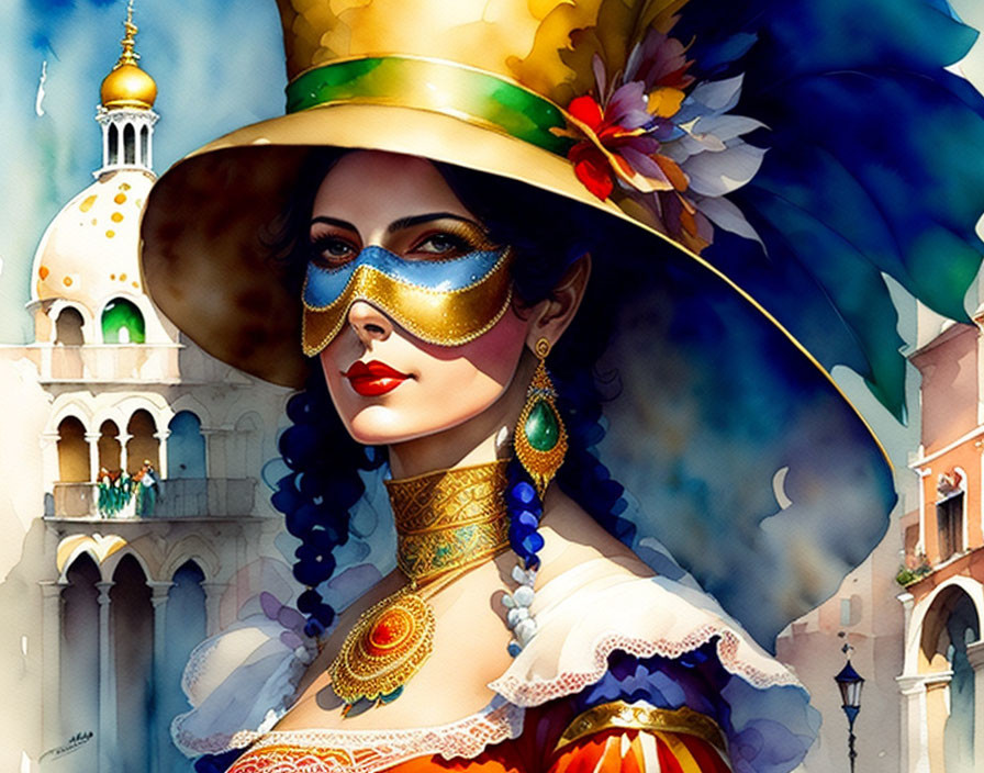 Colorful Venetian Costume Woman Illustration with Mask, Hat, and Earrings