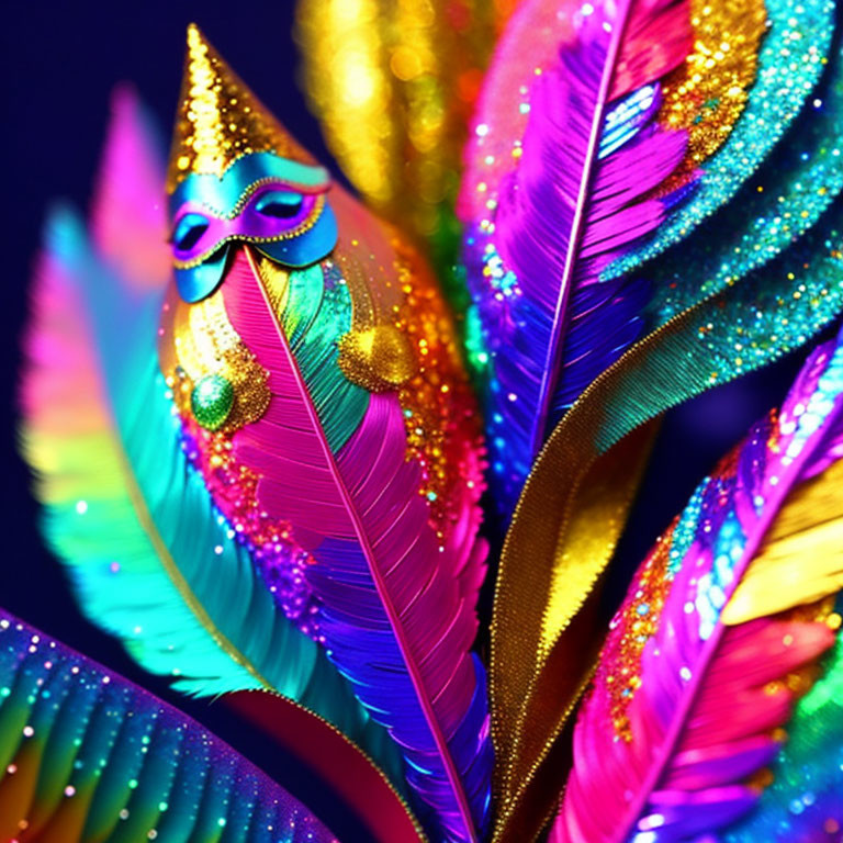 Colorful Mardi Gras Mask with Glittery Feathers Displayed