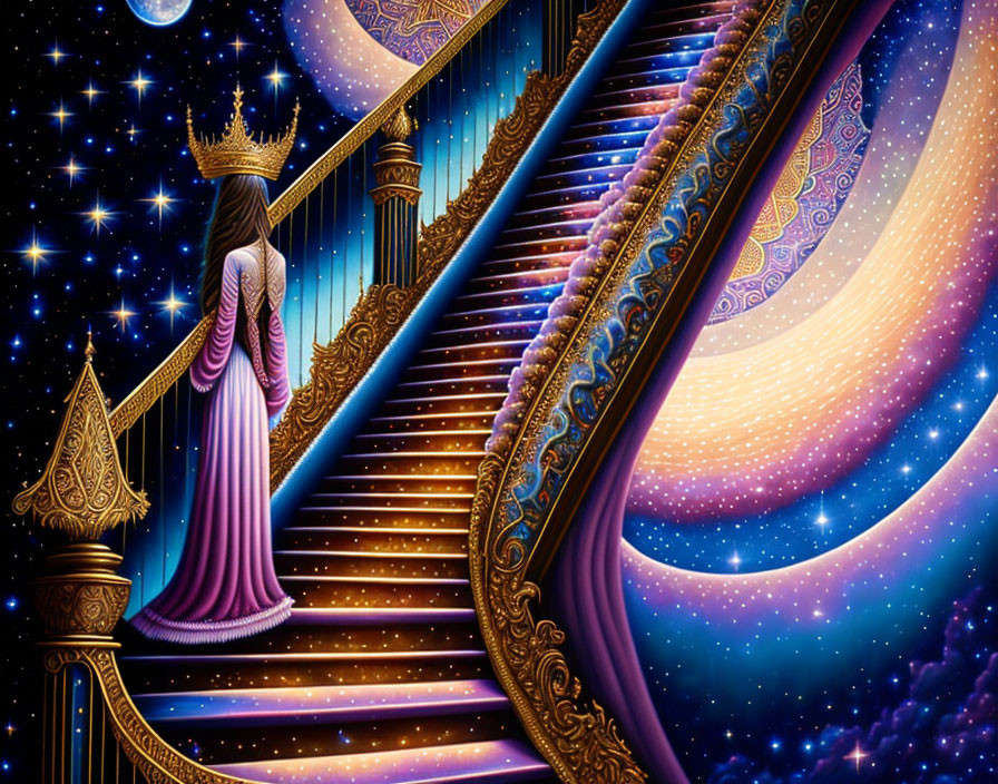 Woman in purple dress on golden spiral staircase under starry sky